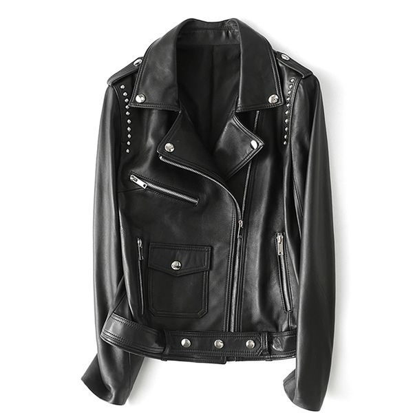 Moda sokak kadın gerçek koyun deri deri ceket siyah perçin orijinal deri kısa motosiklet ceketleri