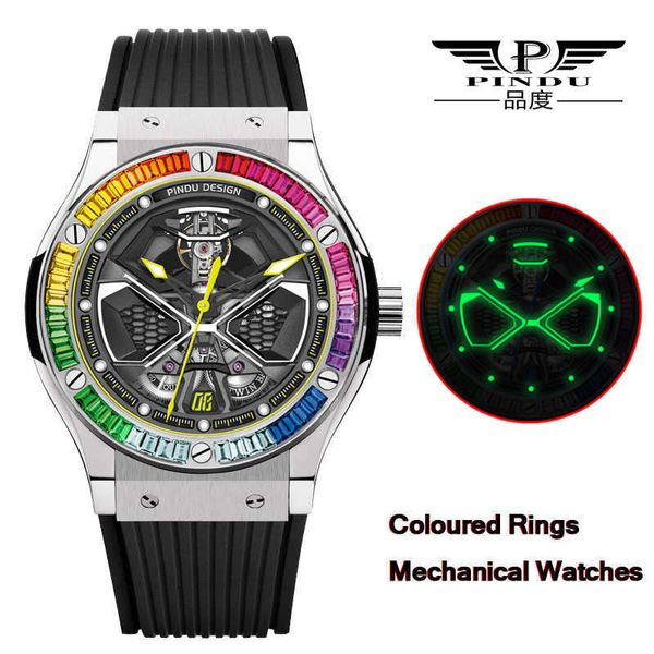 Redes de pulso 2022 Pindu Design Top Luxury Brand Men es Wheel Rainbow Automatic for Business Mechanical Relloj Hombre