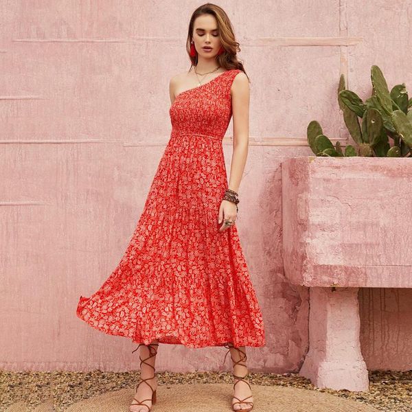 Abiti casual Estate Donna 2022 Rosso floreale Boho Una spalla senza maniche Top elastico Elegante festa Flowy Bohemian Midi Beach Vestito estivo