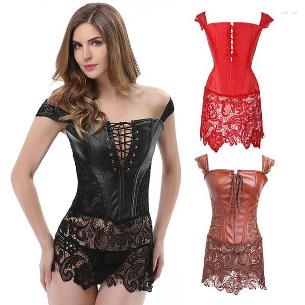 Bustiers Corsets S-6XL artı boyutu seksi iç çamaşırı kadın siyah sahte deri ve dantel burlesque steampunk korse elbise gotik büstbus korse