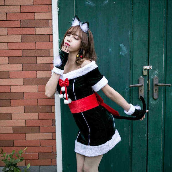 Bühnenkleidung Sexy Weihnachtskatze kommt für Frauen Dunkelgrün Sexy schulterfreies Weihnachtskleid weiblicher Erwachsener Weihnachtsmann kommt Cosplay T220901