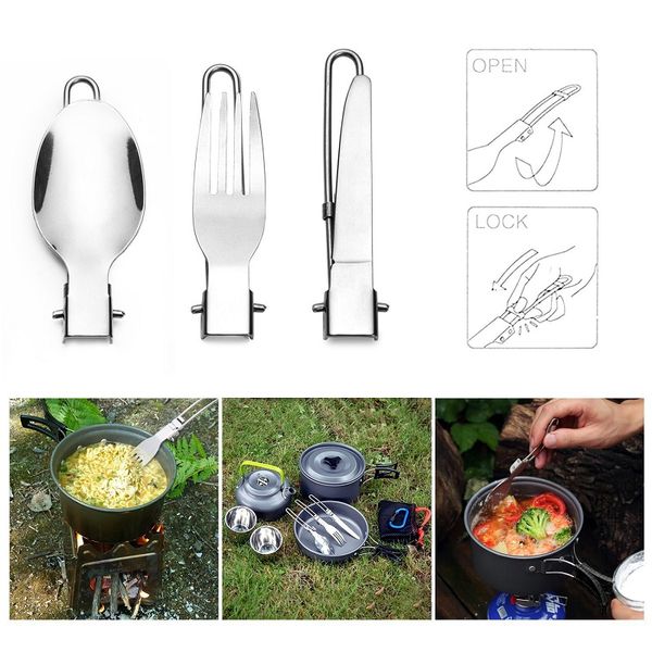 Tragbares faltbares Löffel-Gabel-Messer-Set, 3-in-1, faltbares Abendessen, Besteck, Utensilien, Edelstahl-Besteck-Set für Camping