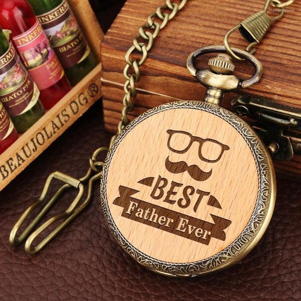 Pocket Watches Bronze Pai Ever Quartz Wooden Watch com 30 cm Chain Chain FOB steampunk para papai nos presentes de aniversário do pai