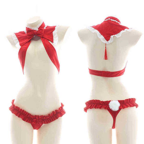 Bühnenkleidung Anime Cosplay Santa Come Weihnachten Dessous Set Niedlich Sexy Hollow Out Bikini Bowknot Rüschen Neckholder BH Kaninchen Schwanz Slips T220901