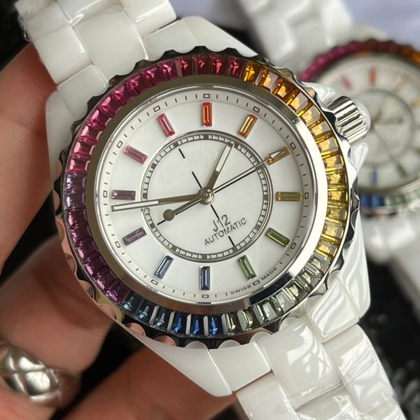 ELECTRO DREAM Uhr Designer Regenbogen Diamant Kristall Keramik Mechanisch Automatikuhren Herren 38MM für Damen Damen Schreibuhr Damen Premium Geschenk 009