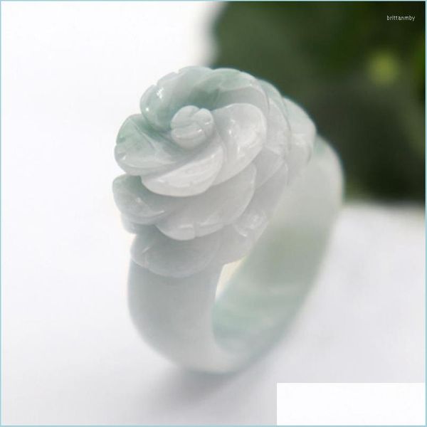 Wedding Rings Wedding Rings Trend Band Ring Natural Jade Stones For Women Jewellery Emerald Rose Flower Hand-Carved Ladies Luxury Jew Dhc9A