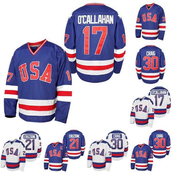 Mens 1980 EUA Milagre na camisa de hóquei no gelo #17 Jack O'Callahan #21 Mike Eruzione #30 Jim Craig 100% costure