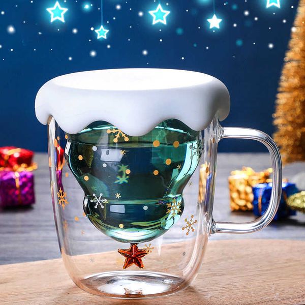 Canecas de 300 ml de dupla camada de natal árvore de vidro copo de café resistente ao calor Caneca de café com tampa Presentes de Natal fofos para meninas y2210