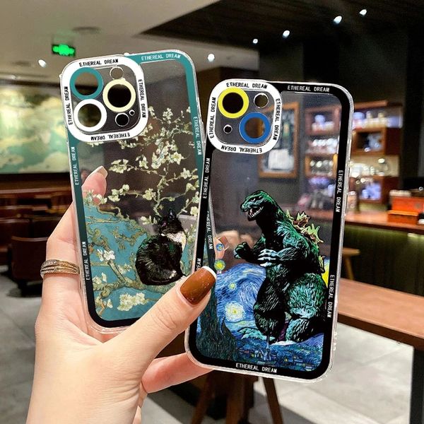 Spoof Van Gogh Pintura de caixas de telefone transparente para iPhone x XR XS 11 12 14 13 Pro Max 7 8 Plus SE2 Caso Arte Telefone Tampa