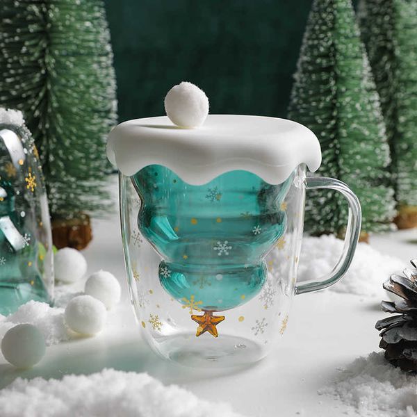 Canecas xícara de natal copo de vidro estily kawaii criativo árvore fofa s com tampas de leite presentes para meninas y2210