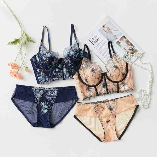 BHs setzt neue Europa Frauen Unterwäsche Sexy Push Up BH Set Spitzenblumen Stickerei Dessous Französisch Form Kleber Knochen Plus Größe Brassiere T220907