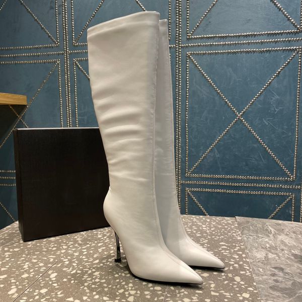 Stivali al ginocchio in pelle di agnello bianca scarpe con zip laterale punta a punta stivale alto con tacco 10 cm stivaletti a spillo moda scarpe di design di lusso per calzature da donna