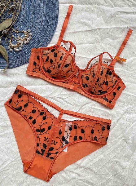 BHs Sets Wriufred Dünne Mode Kontrastfarbe Dessous Stickerei Unterwäsche Frauen Kein Schwamm Große Brüste Sexy Perspektive BH Höschen Set T220907