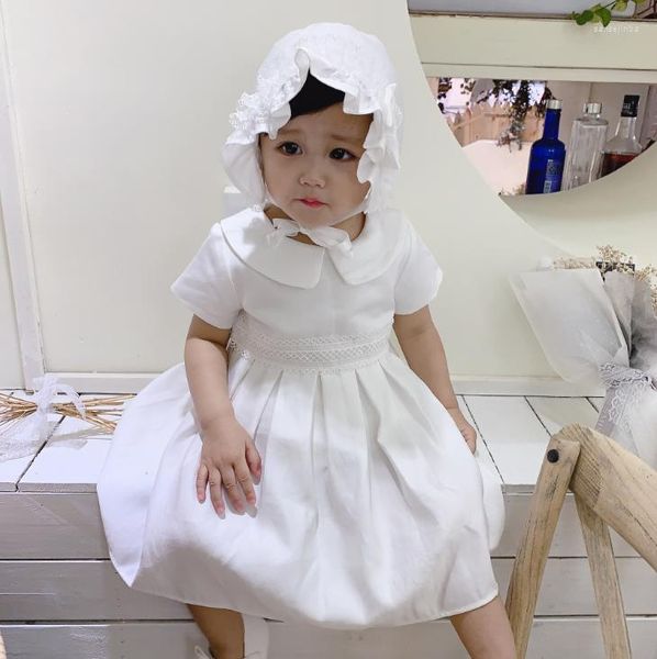 Vestidos de menina nascida bebê manga curta branca batismo cetim brilhante 1 ano de aniversário usa criança vestido de bola de renda de batismo