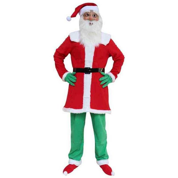 Stage Wear Babbo Natale Come Mask Christmas Cosplay Plush Father Outfit Fancy Dress Xmas Men Coat Pants Beard Belt Hat Set completo T220901