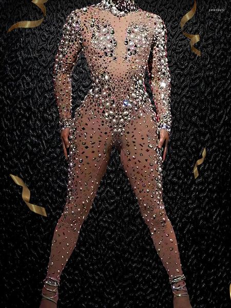 Pôster de Desgaste de Palco Meninas Macacão Gala See Through Perler Beads Grandes Pérolas PedrasFesta De Aniversário Baile De Formatura Sexy Women Strass Playsuit