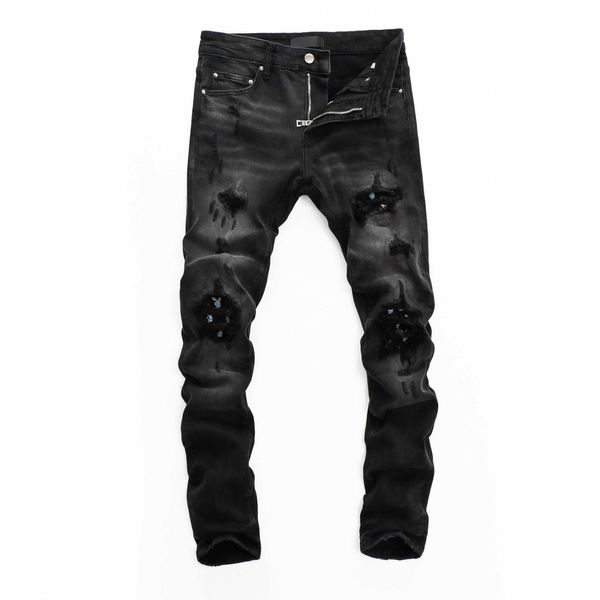 Designer-Marken-Herren-Jeans tragen Loch-Patch-Jugend-Schlankdruck-Hosen in Schwarz