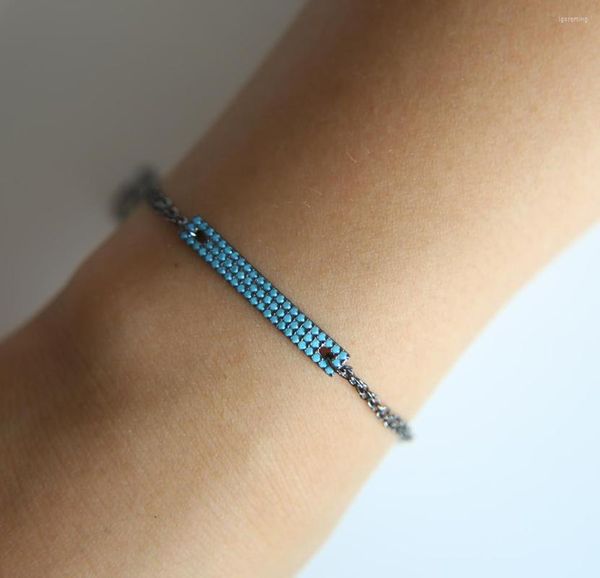 Braccialetti a maglie Bracciale per ragazza carina a doppia catena con ciondolo curvo in oro nero turchesi di colore blu con pavé di nano barre di collegamento