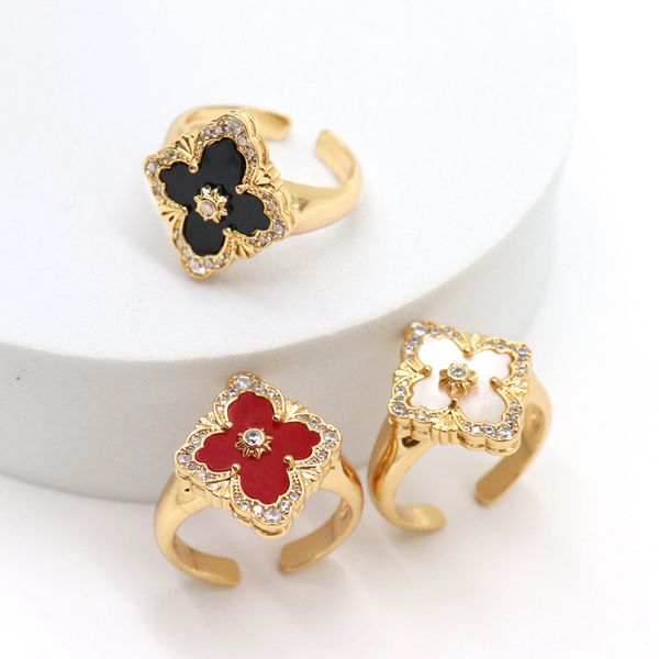 Anillos de flequillo de diseñador de lujo de trébol de concha Natural para mujer con cristal ostentoso brillante, anillo de amor abierto de oro de 18K de la suerte, joyería