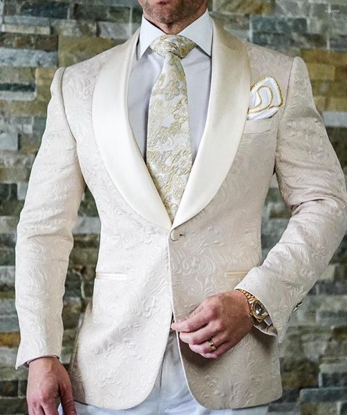 Ternos masculinos Casamento homens 2022 Slim Fit Ivory Jacquard One Button Blazer Define vestido de vestido de tamanho grande de tamanho grande personalizado de 2 peças