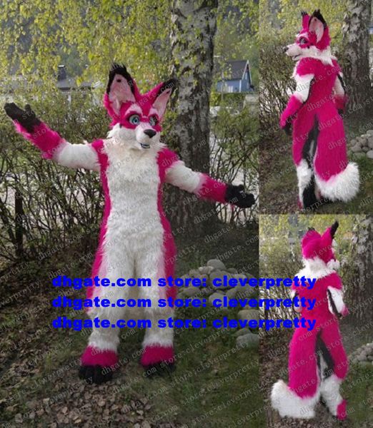 Fantasia de mascote de lobo peludo rosa branco pele longa Fox Husky Dog fursuit ALASKAN adulto personagem de desenho animado traje terno grande festa marca figura zx474