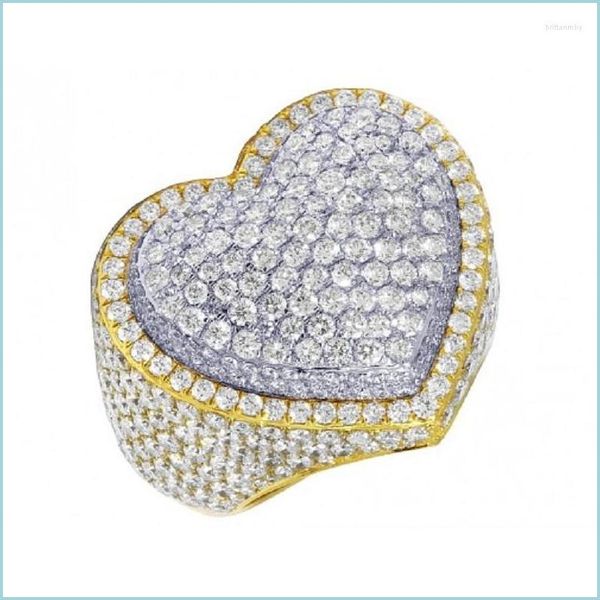 An￩is de casamento An￩is de casamento Two Tone Gold Plated Micro Pave 5A CZ Zirc￴nia c￺bica Big Heart Iced Out Bling Women Ring Jewelrywe Dhfuh