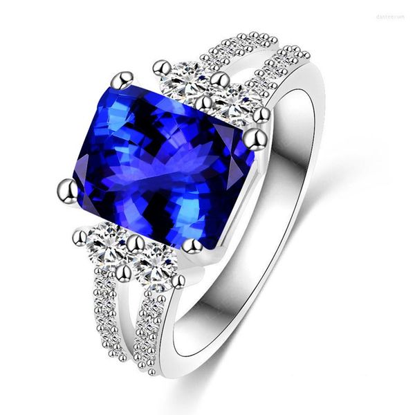 Anéis de casamento retângulo 11mm azul marinho de zircão prateado argent para mulheres jóias anel US #tamanho #6 / #7 #8 #9 m03-j2010