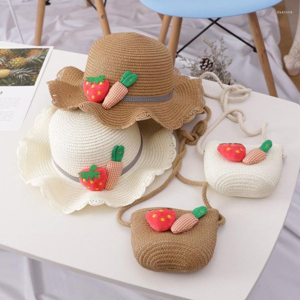 Cappelli estivi neonate bambini paglia intrecciata cappello da spiaggia da sole borsa fragola carota visiera per bambini