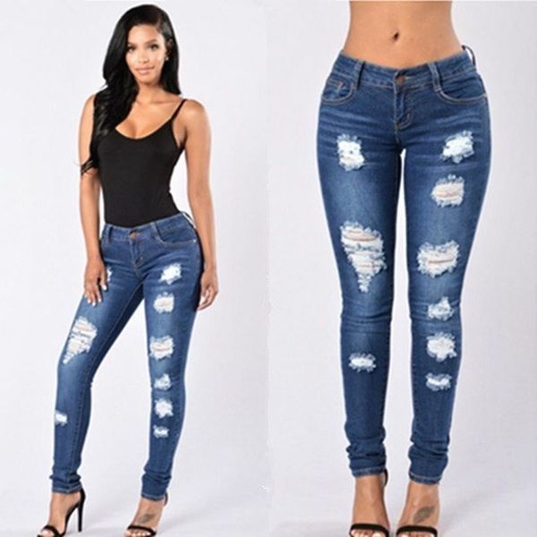 Jeans da donna 2021 donna nera vita alta moda bottone cerniera tasca foro pantaloni slim skinny denim strappato Casual Femme