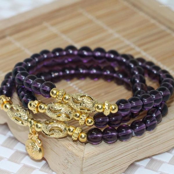 Moda Strand Round Gold-Color Gold Pingente Electroplato roxo Cristal de 6 mm Bracelets elásticos multicamadas para mulheres B22252