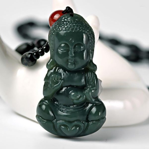 Anhänger Halsketten Zertifikat Natürliche Echte Dunkelgrün Stein Geschnitzte Baby Buddha Glück Amulett Halskette Männer Frauen Mode Schmuck