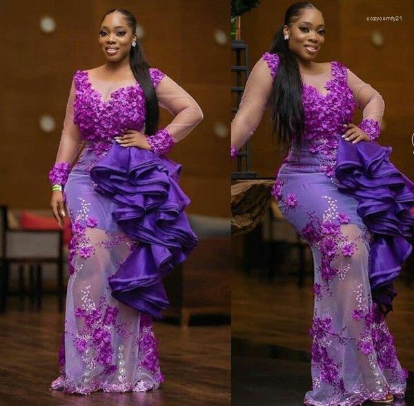 Vestidos de festa Sexy V pescoço vie através de vestidos formais de babados noturnos de flores 3d vestidos árabes aso ebi plus size