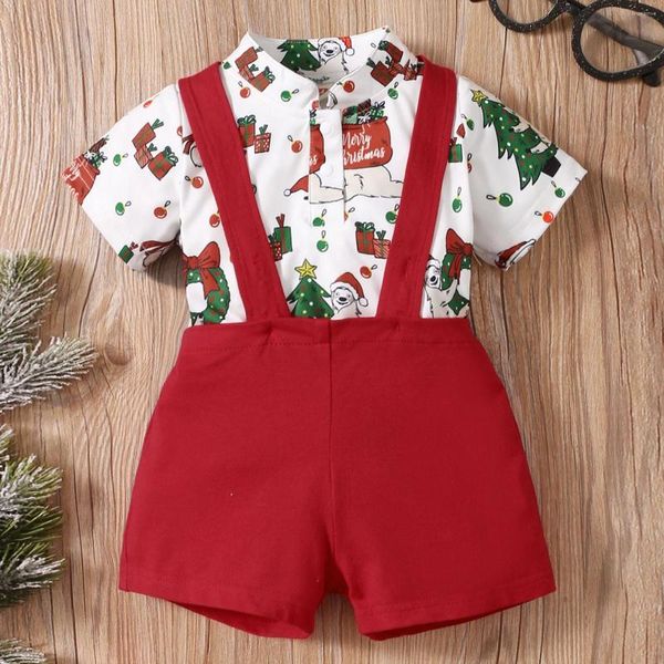 Roupas conjuntos de 0-18m de Natal para meninos meninas meninas curtas de manga curta estampas de carrinhos de macacão suspensórios de bodyspuit shorts 2pcs roupas