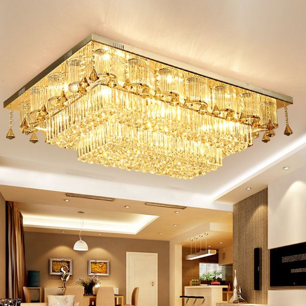 Rechteckige K9-Kristall-Deckenleuchten, moderne goldene LED-Kronleuchter für Wohnzimmer, Esszimmer, Schlafzimmer, Hotel, Restaurant, Pendelleuchten, Beleuchtung