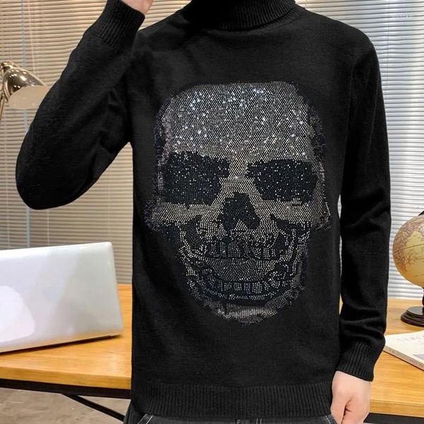 Suéteres masculinos Design Rhinestone Men Sweater Turtleneck Sweater Top Knitwear Moda Fashion Street Lã Slim Knit Pullover Adequado para o inverno