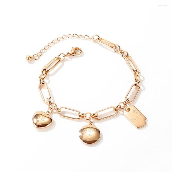 Pulseiras de link aço inoxidável ouro rosa amor coração quadrado tag feminino pulseira de pulseira tendência minimalista de moda