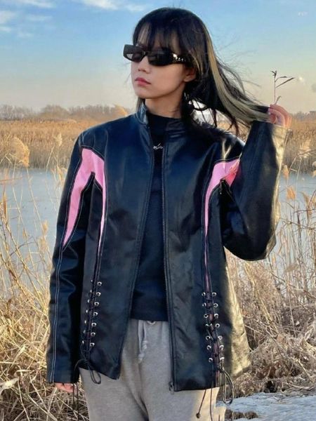 Frauen Leder Herbst Motorrad Jacke Frauen Patchwork Chic Gürtel Lose Biker Weibliche Casual Warme Koreanische Mode Mantel 2022 Sommer