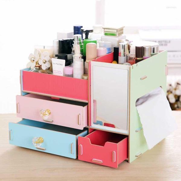 Aufbewahrungsschubladen, Holzteiler, Kosmetik-Organizer, mehrschichtige Schmuck-Make-up-Box, Desktop-Kleinigkeiten-Organisation mit Spiegel