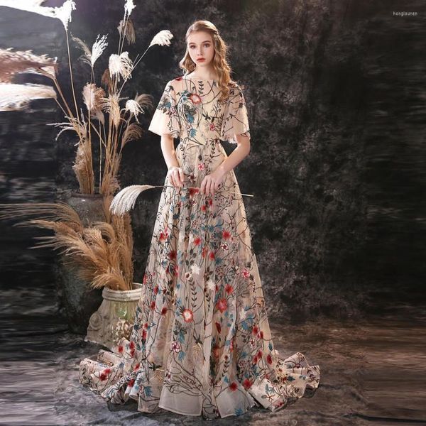 Party Dresses Floral Prom Floor Length Flower Emboridery Long Women Evening Gowns With Short Sleeves Tulle Sheer Pageant Dress