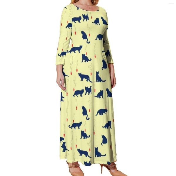 Plus Size Kleider Tier Silhouette Kleid Blau Niedliche Kätzchen Ästhetische Boho Strand Frau Langarm Elegante Maxi Vestidos