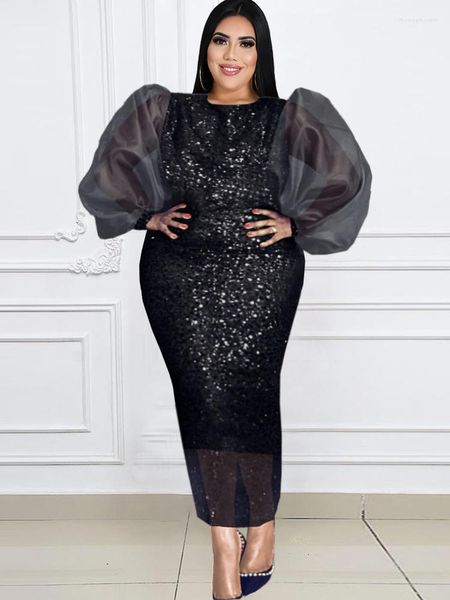 Plus Size Kleider 4XL Lange Pailletten Kleider für Frauen Abend Laterne Ärmel Glitter Schwarz Robe Sparkly Bodycon Celebrity Kleider 2022