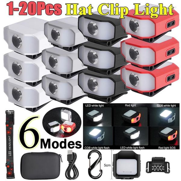 Faróis 1-20pcs tampa de chapéu de farol leve 6 Modos Cob LED faróis Lâmpada de carregamento USB para acampamento ao ar livre Emergência de pesca