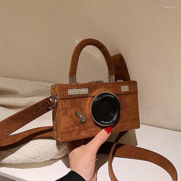 Borse da sera Pooflower Vintage in pelle scamosciata a forma di fotocamera Crossbody Designer PU Borse Funny Shoulder Bolos Mujer ZH541