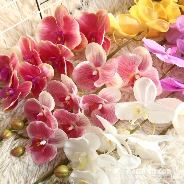 Flores decorativas de alta simulação toque real 7 cabeças orquídeas artificiais de borboleta phalaenopsis de feltro de mão por atacado 10pcs