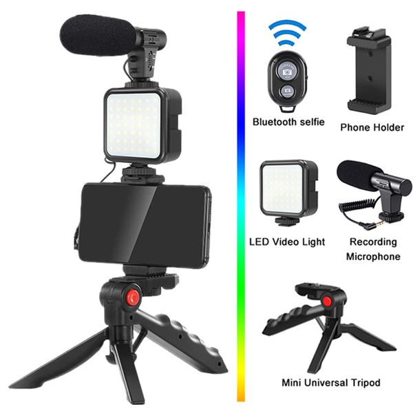 Altri accessori AV Supporto per telefono Illuminazione fotografica Kit video per smartphone Microfono LED Selfie Treppiede Maniglia per registrazione Staffa stabilizzatrice portatile 221025