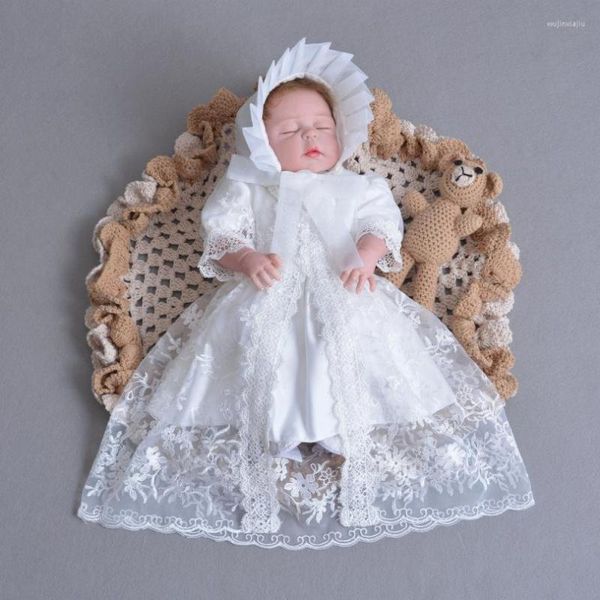 Mädchenkleider, 3-teiliges Set, Taufkleid für Babys, Rüschen, weißes Kleid, Spitze, Schal, Mütze, geborenes Kleinkind, Prinzessin, Geburtstagsfeier, Geschenk, 0–30 Monate