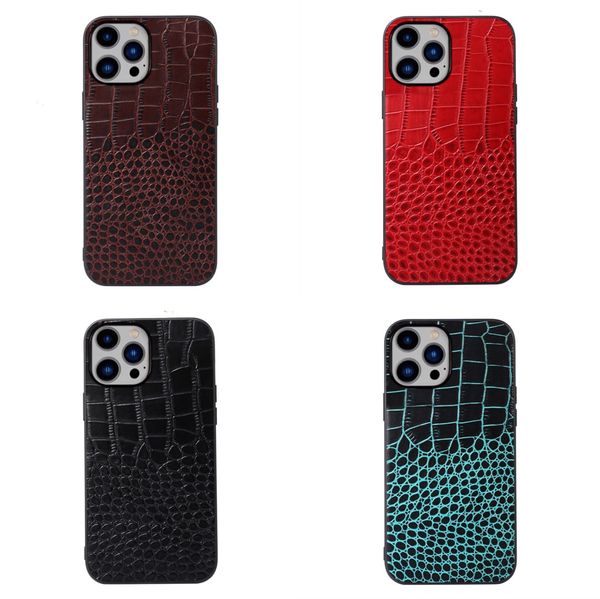 Cascas de telefone de couro genuíno para iPhone 14 Pro Max Crocodile Texture exclusiva Proteção à prova de choques Soft Protect