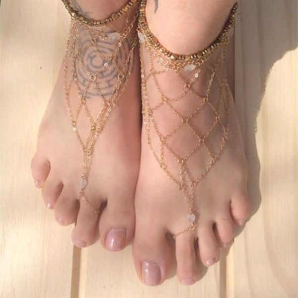 Moda semplice colore oro maglia catena punta anello cavigliere estate spiaggia sandali a piedi nudi cavigliere per le donne regalo di fascino della Boemia