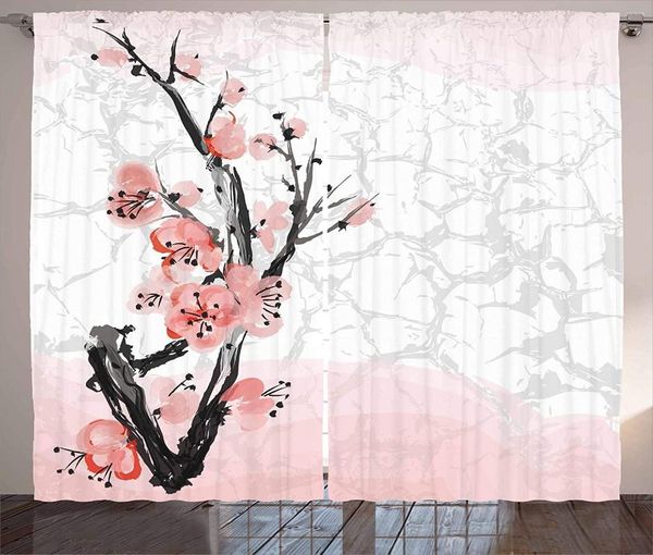 Vorhang mit Blumenmuster, japanische Kirschblüte, Sakura-Baumzweig, weicher Pastell-Aquarelldruck, Wohnzimmer, Schlafzimmer, Fenstervorhänge