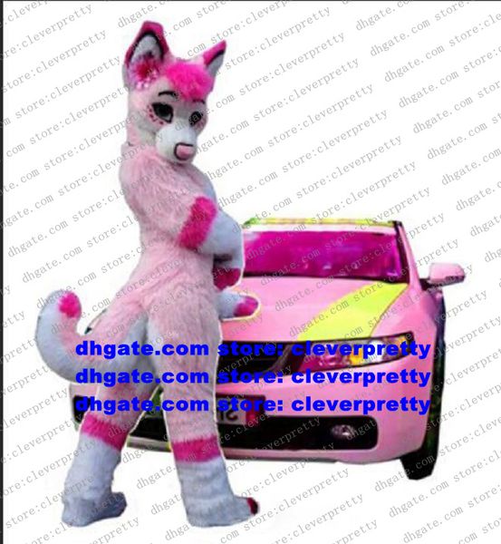 Costume da mascotte peloso in pelliccia lunga rosa Lupo sexy Fox Husky Dog Fursuit Personaggio dei cartoni animati per adulti Vestito completo High Street Mall Gioca ai giochi zx672